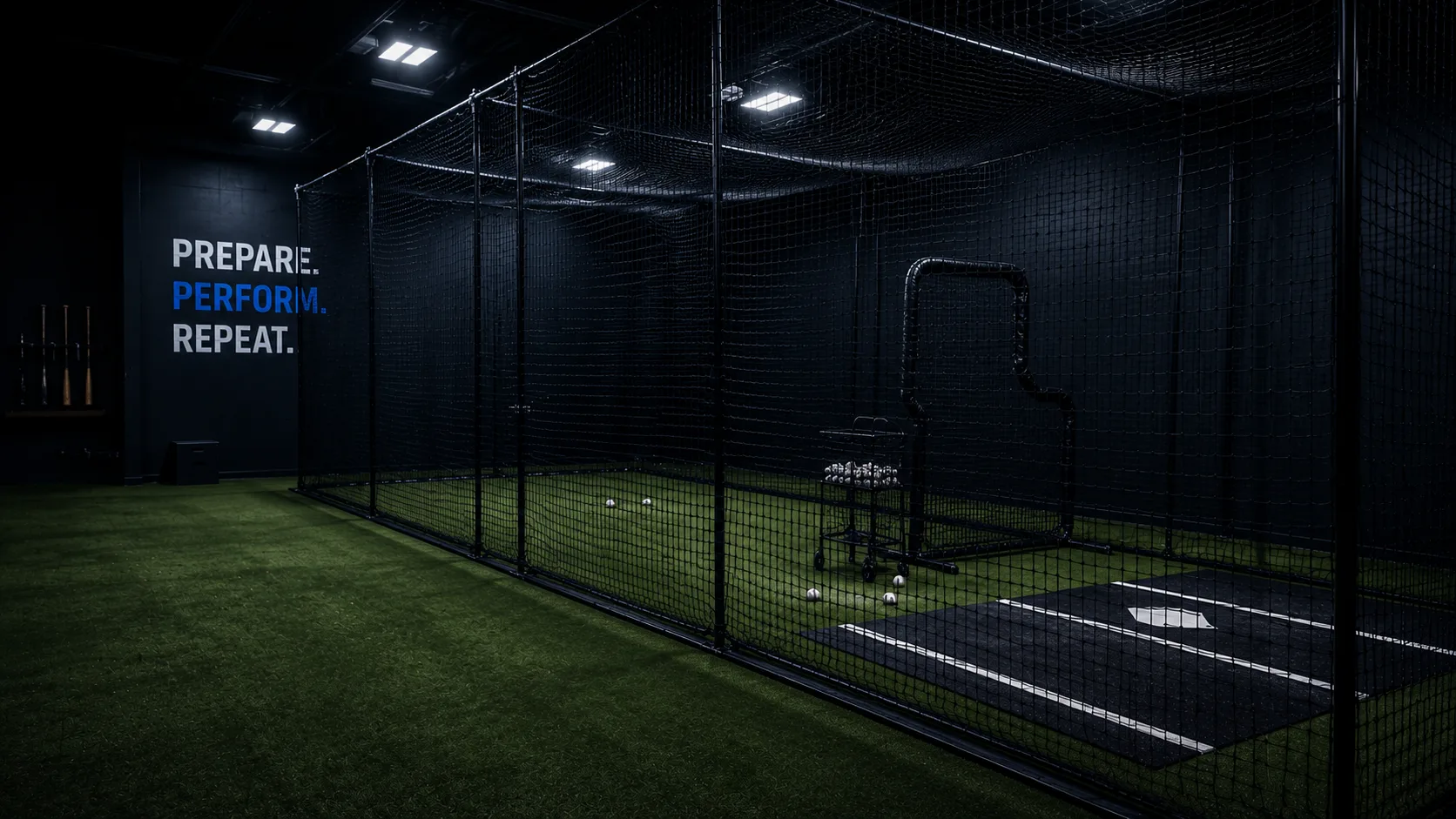 Batting cage at By The Book Baseball training facility in Lancaster, PA